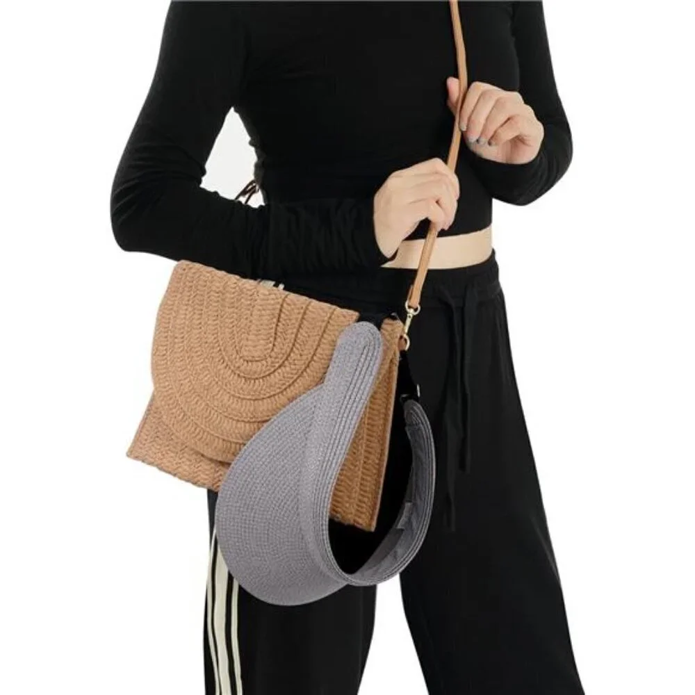 Gray Wide Brim Straw Sun Visor Hat – Packable Straw Visor with Adjustable Fit